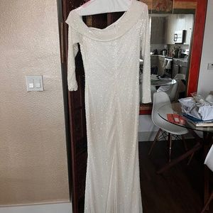 White sequin elegant evening gown w train with bra insert Off one shoulder